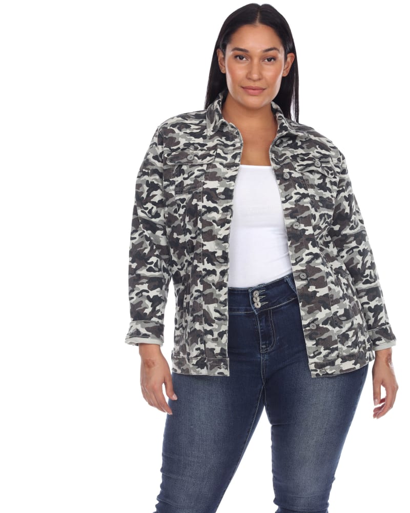 Front of a model wearing a size 1X Camo Denim Jacket in Grey Army by White Mark. | dia_product_style_image_id:246699